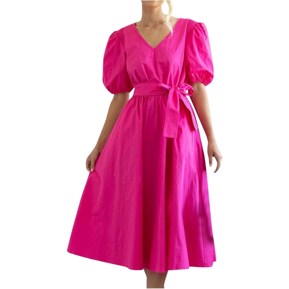 Short Sleeve Hot Pink Summer Beach A Line Mini Swing Flowy Dress Sz S
